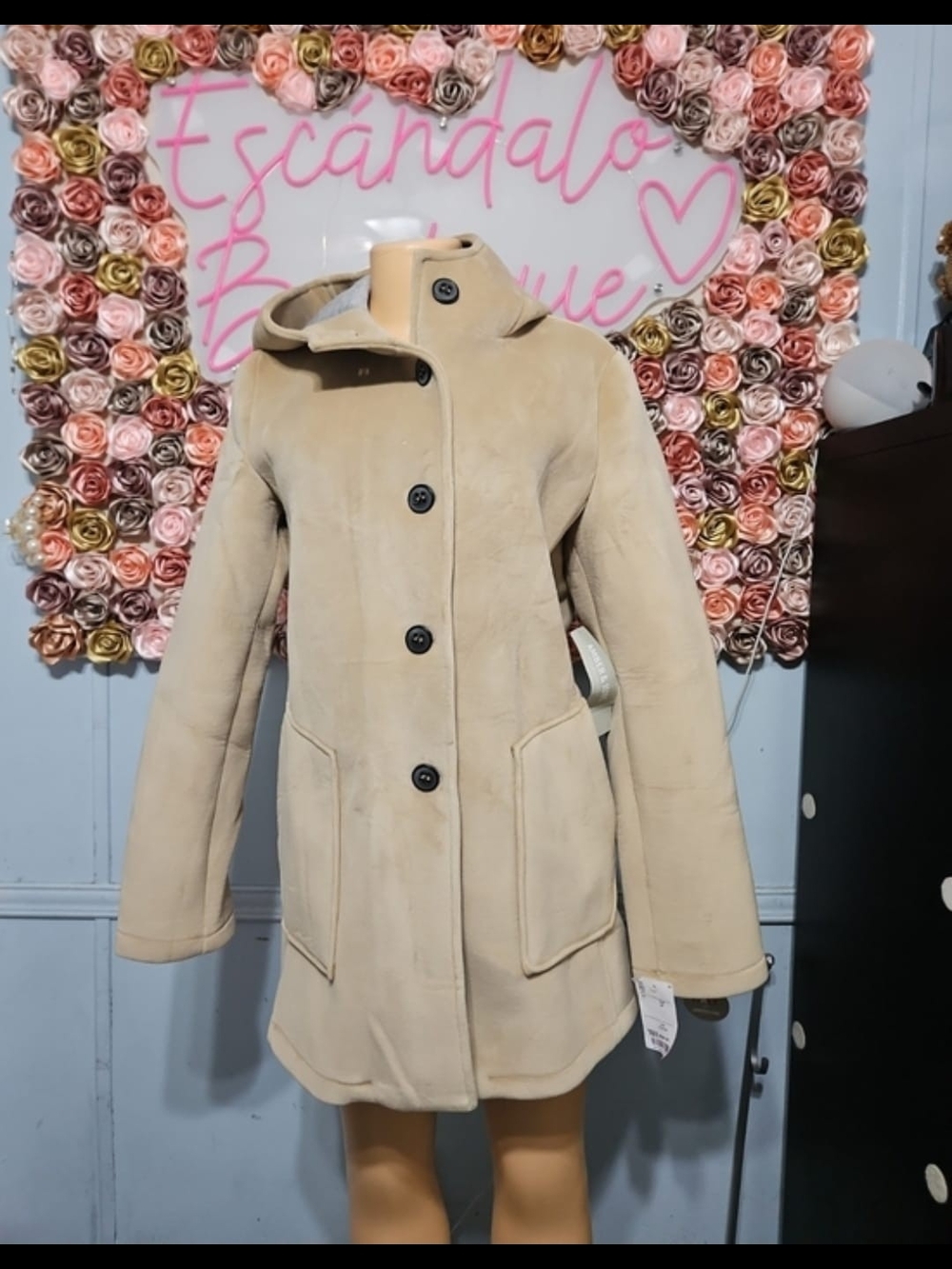 Beige Hooded Button-Front Pea Coat for Women